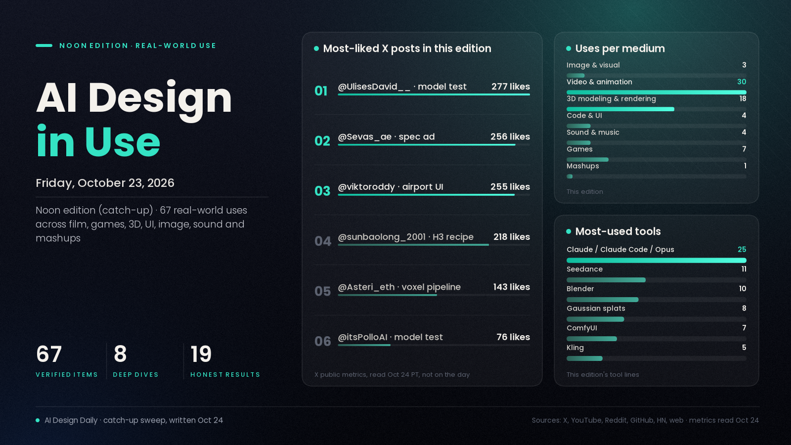 AI Design in Use header chart for Oct 23, 2026: 67 items, uses per medium, most-used tools and most-liked posts