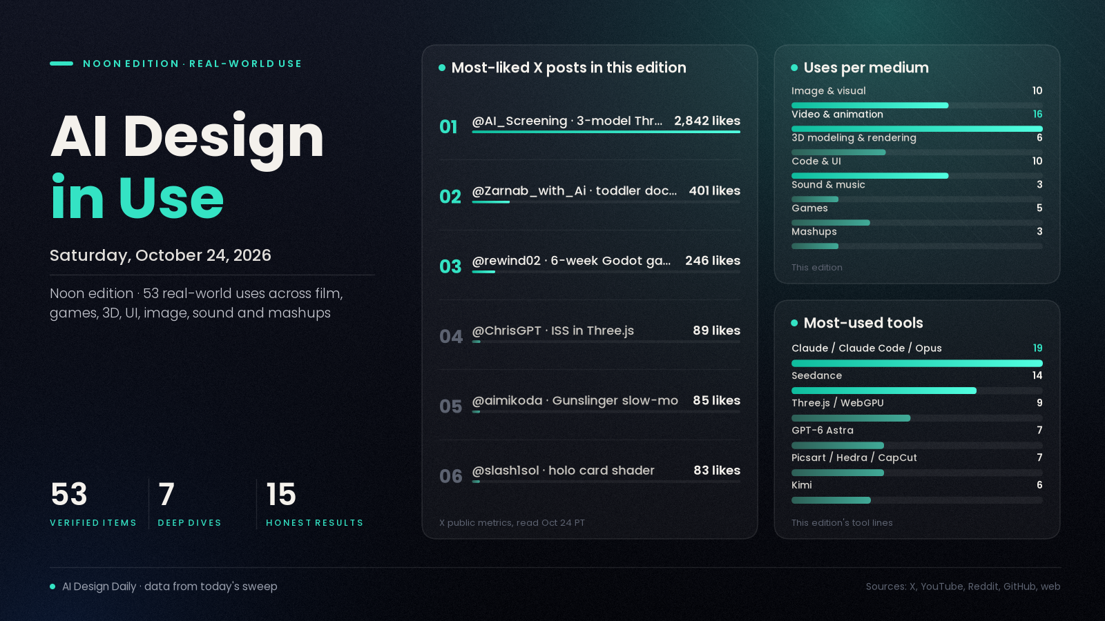 AI Design in Use header chart for Oct 24, 2026: 53 items, uses per medium, most-used tools and most-liked posts