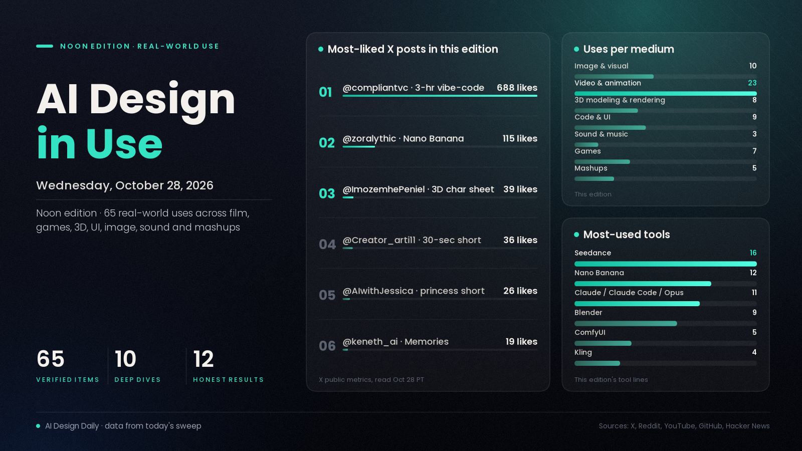 AI Design in Use header chart for Oct 28, 2026: 65 items, uses per medium, most-used tools and most-liked posts